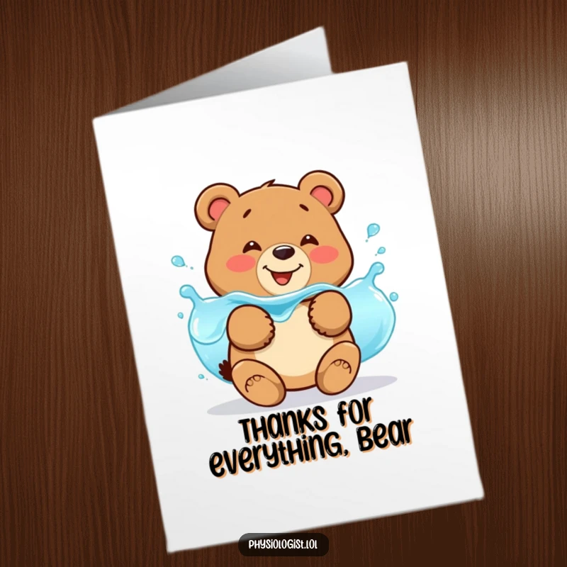 Funny Free Printable Bear Thank You Card: A happy bear jiggles, showing off his balance with a cup of blue liquid.