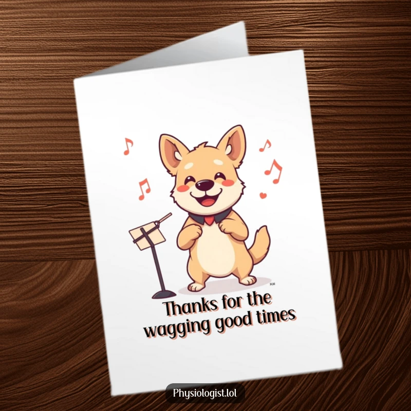 Funny Free Printable Dog Conductor Card: Joyful dog conducting, a humorous thank you card for expressing gratitude.
