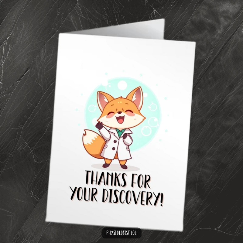 Funny Free Printable Thank You Card: A tiny fox scientist studies a giant glowing cell with joy. A smart and humorous thank you.