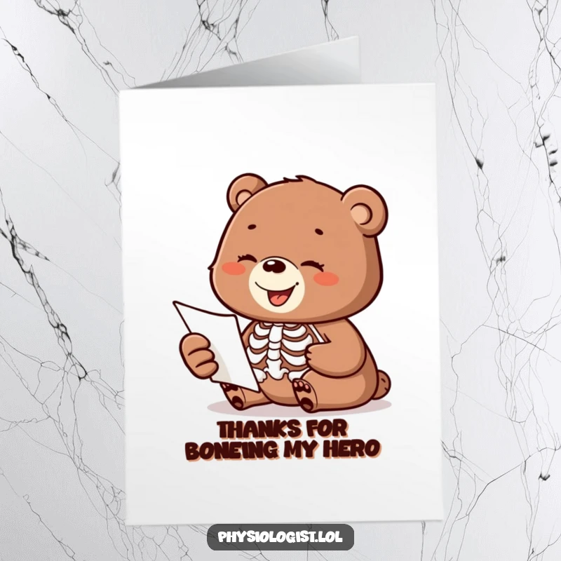 Funny Free Printable Thank You Card: A bear cub curiously examines a skeleton diagram, expressing thanks with a touch of adorable silliness.
