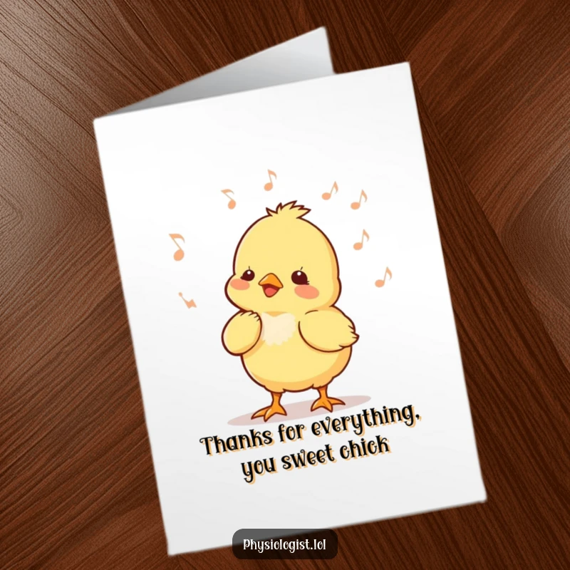 Funny Free Printable Chick Dancer Card: Tiny chick dancing to music, a humorous thank you card for showing appreciation.