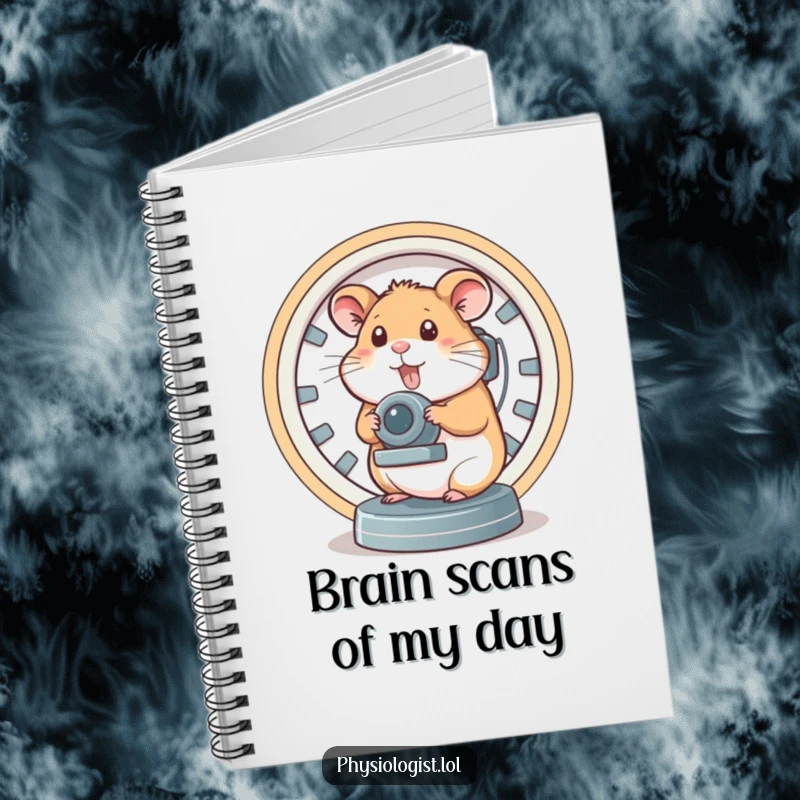 Funny brain scanner hamster notebook cover, showing a hamster operating a complex brain scanner, inspiring witty notes and scientific ideas.