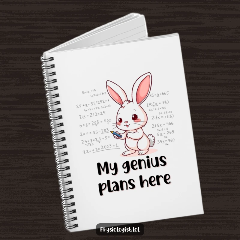 Funny notebook illustrating an energetic bunny rapidly writing complex mathematical equations and scientific formulas on a whiteboard, ready for your notes.