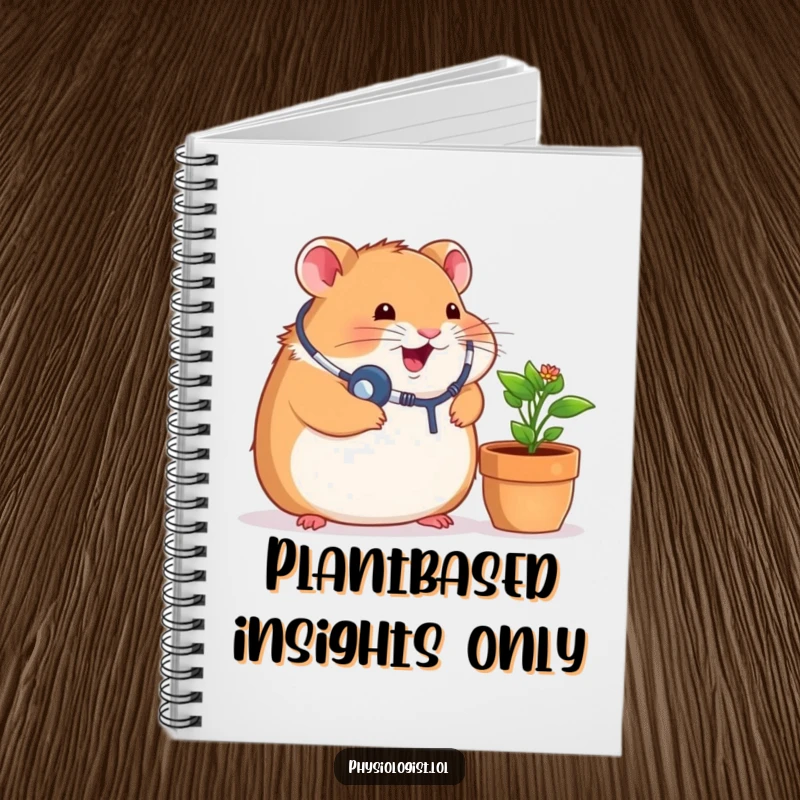 Funny notebook featuring a chubby hamster acting as a doctor, stethoscope attached, listening to a potted plant for important biological secrets.