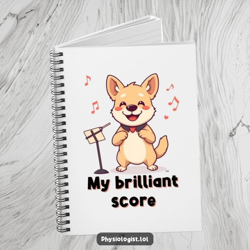Funny dog conductor notebook with a smiling dog leading an invisible orchestra, ideal for jotting down notes and musical ideas.