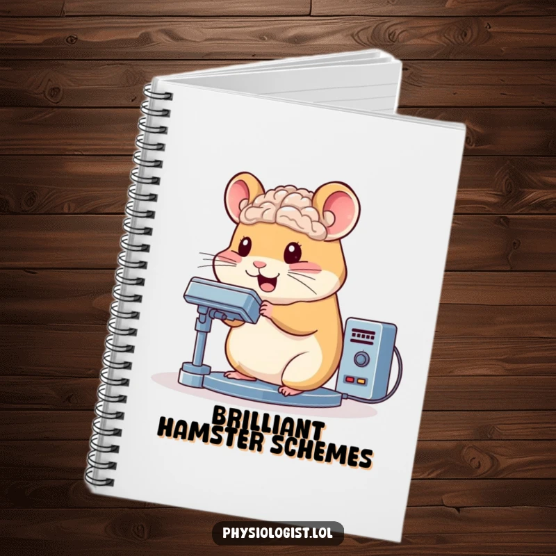 Funny hamster notebook character bouncing while operating a complex brain scanner, ideal for jotting down bright ideas.