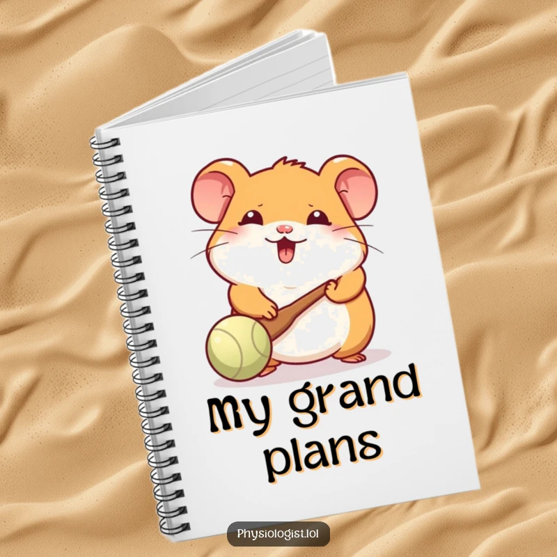 Funny Hamster Notebook: A cheerful hamster batting a ball with a paddle, ideal for jotting down playful thoughts and ideas.