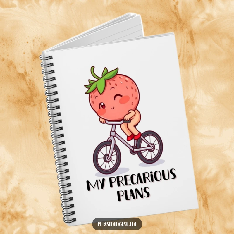 Funny blushing strawberry riding a unicycle, depicted in a notebook for writing and drawing.