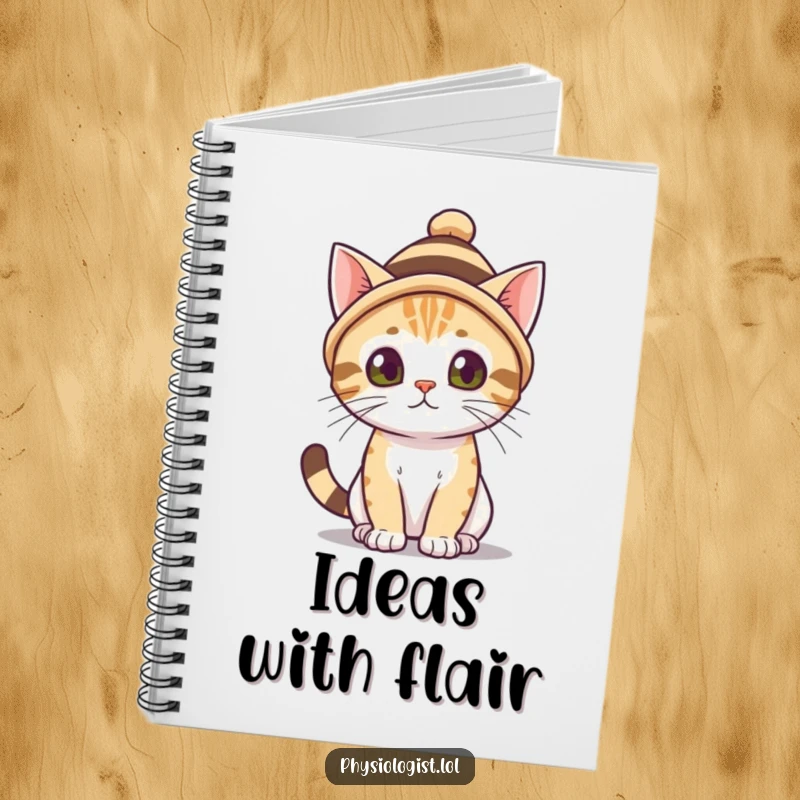 Funny cat wearing a small, striped hat on a notebook cover. A charming funny gift for writers.
