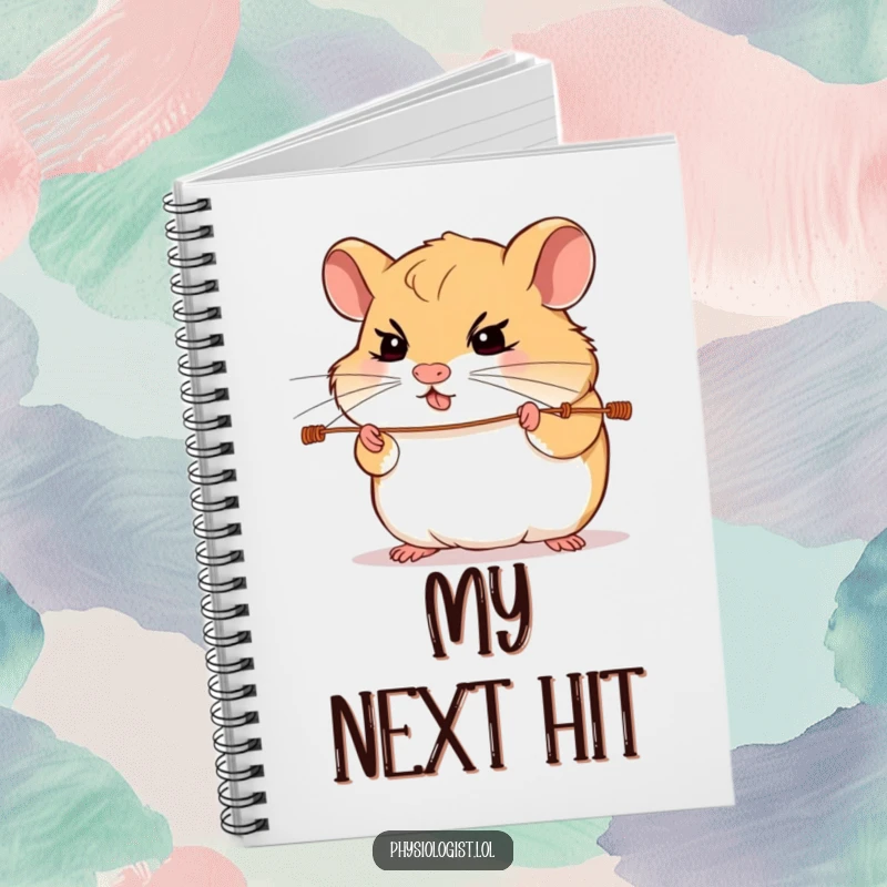 Funny hamster guitar notebook with a determined hamster intensely focused on playing guitar strings, ideal for writing lyrics and notes.