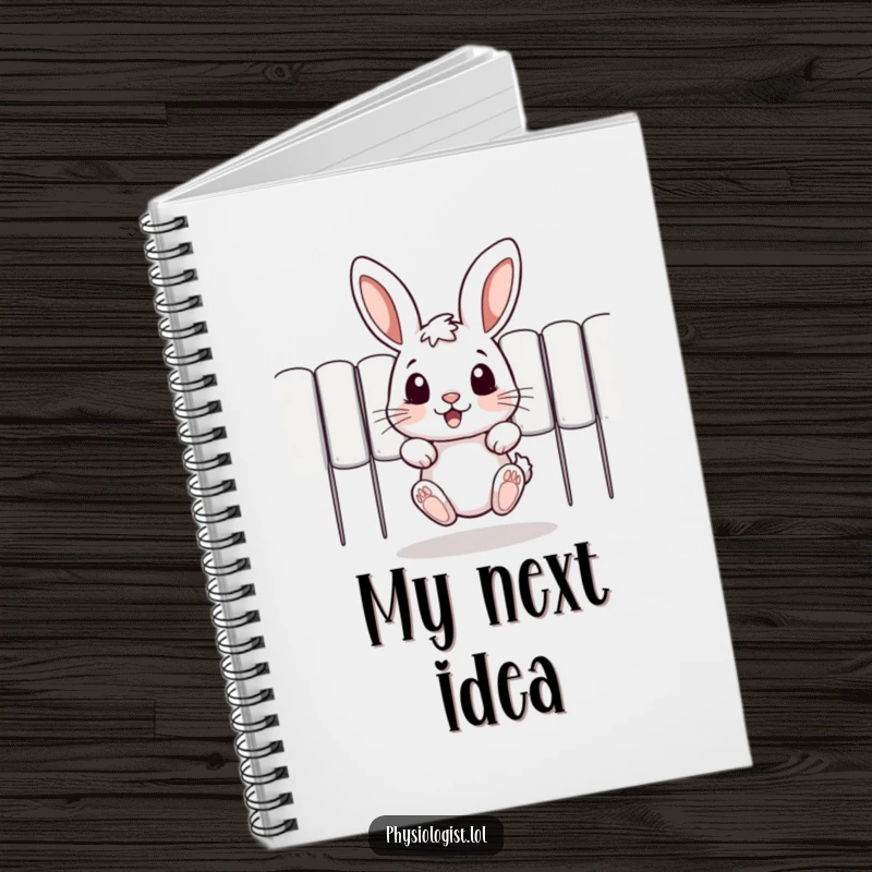 Funny notebook with a design of a jumping rabbit peeking out from behind a cover edge, ideal for humorous note-taking.