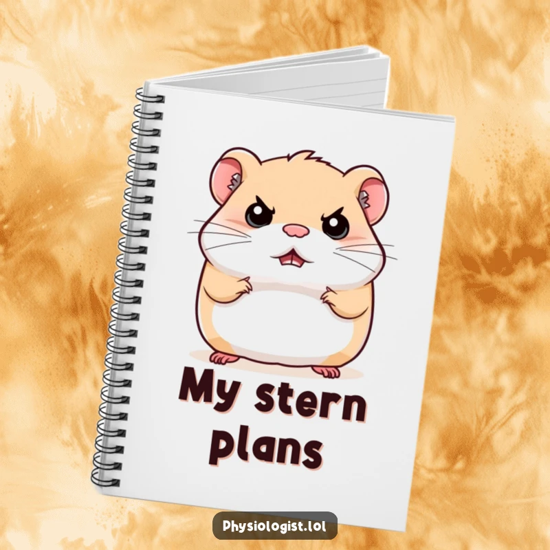 Funny stern hamster notebook, a hamster bouncing with a determined expression, spiral-bound for note-taking.