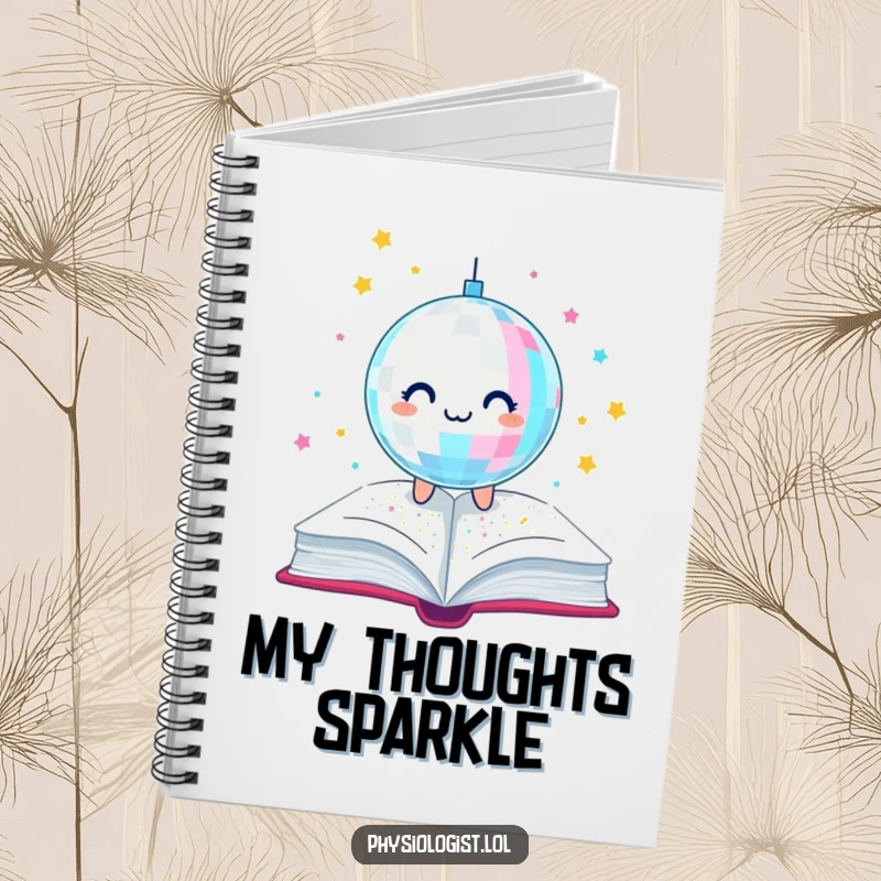 Funny notebook cover illustrating a disco ball scattering glitter over an open book, designed to inspire creative writing with a humorous and sparkly theme.