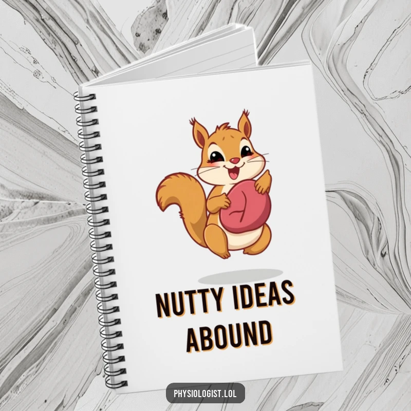 Funny liver health squirrel notebook cover, showing a jumping squirrel proudly displaying a healthy liver, inspiring healthy note-taking.