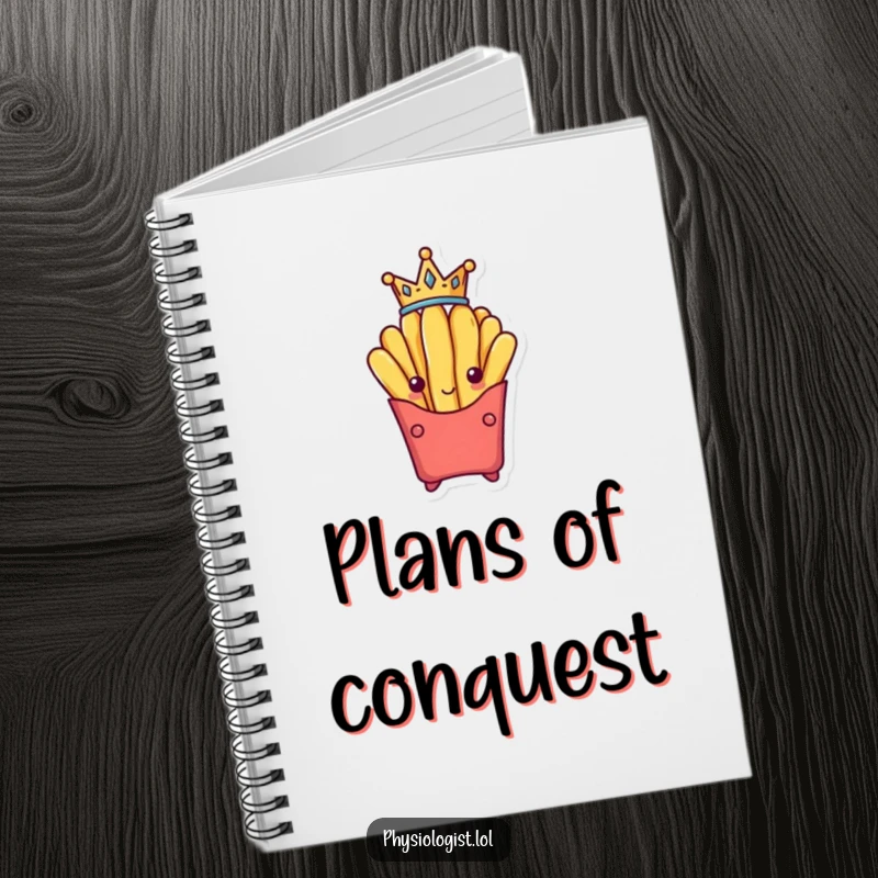 Funny victorious french fry wearing a tiny crown, depicted in a notebook for writing and drawing.