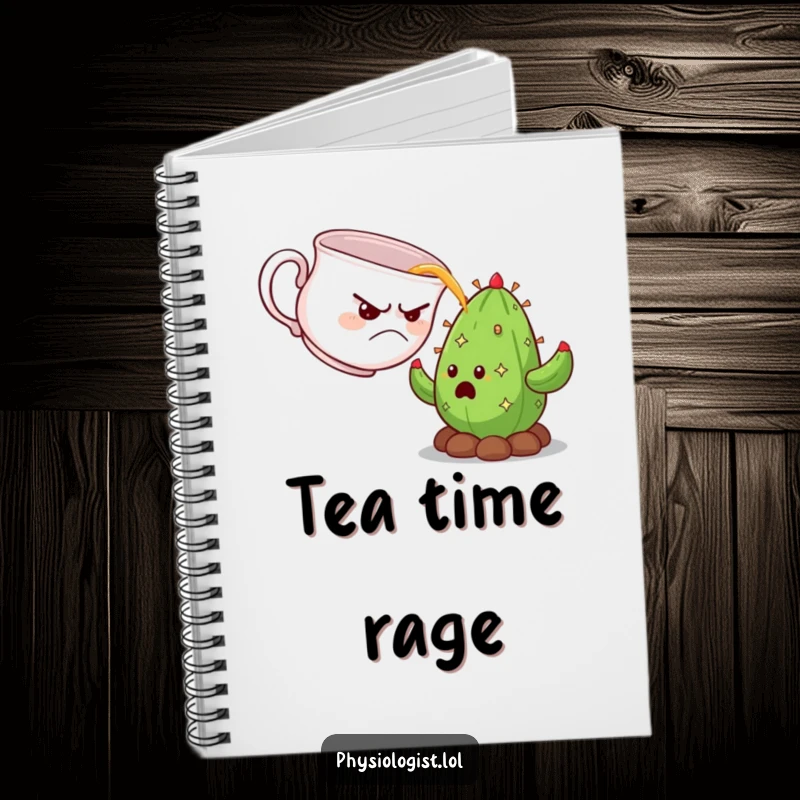 Funny grumpy teacup pouring tea onto a surprised cactus, depicted in a notebook for writing and drawing.