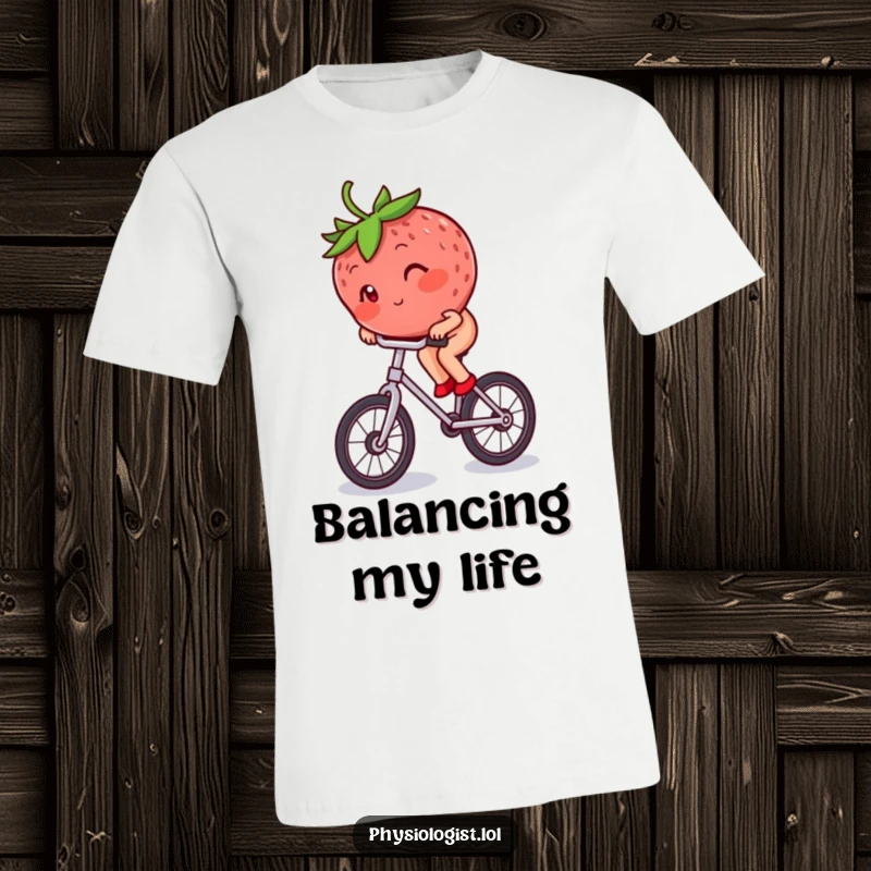 Funny blushing strawberry in mid-ride on a unicycle, looking a bit flushed and focused, on a comfy tee.
