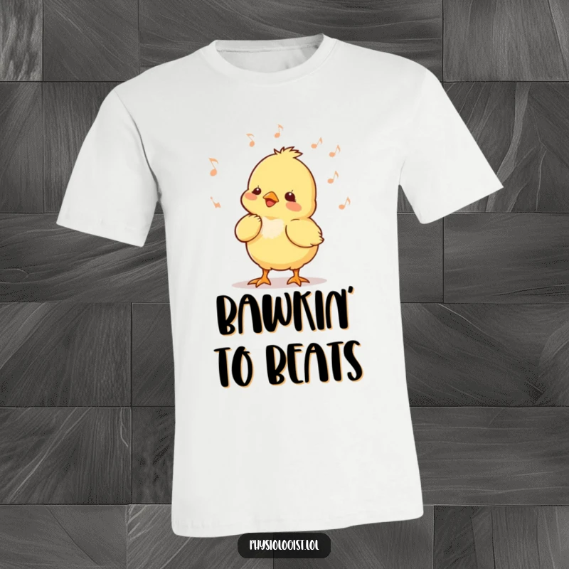 Funny chick music t-shirt depicting a tiny chick enthusiastically bobbing its head to music, radiating pure joy and rhythm.