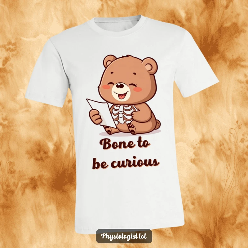 Funny t-shirt with a happy bear cub confused by a moving skeleton anatomy diagram, ideal for a funny gift.