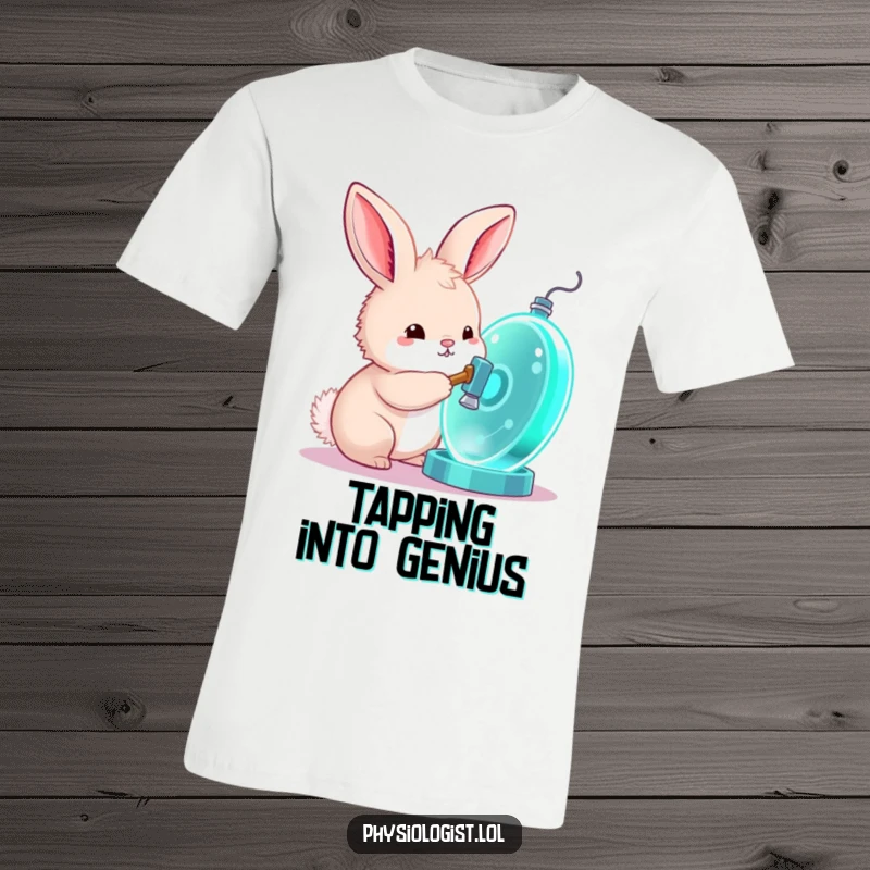 Funny bunny t-shirt, a curious fluffy bunny taps a glowing cell model with a tiny hammer, symbolizing scientific exploration.