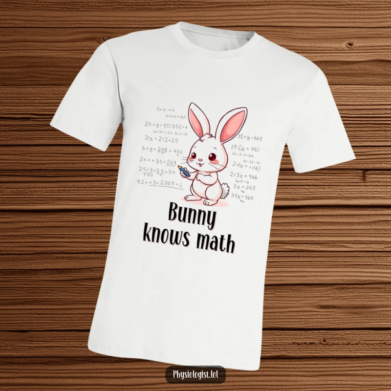 Funny t-shirt with an energetic bunny rapidly writing numerous mathematical equations and scientific formulas on a whiteboard, looking focused and determined.
