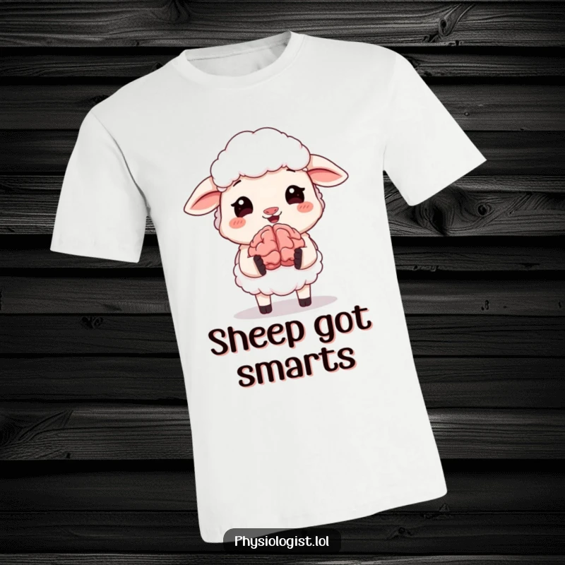 Funny t-shirt with a joyful sheep holding a small, animated brain, symbolizing intelligence and laughter. Ideal for humor and smart gift seekers.