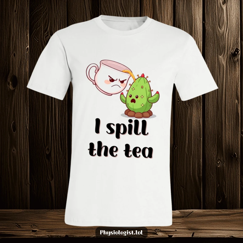 Funny grumpy teacup tilting to pour tea onto a very surprised and startled cactus, on a comfortable tee.
