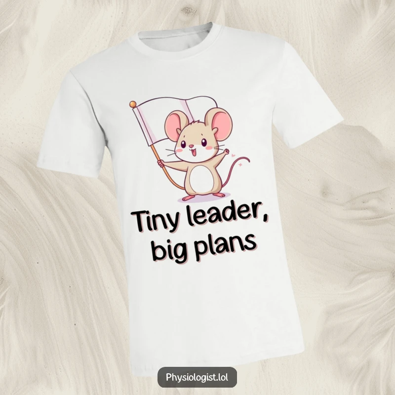 Funny t-shirt graphic: a tiny mouse hero bravely waving a large, dynamic flag, embodying courage and leadership.