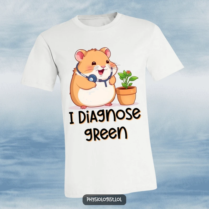 Funny t-shirt featuring a chubby hamster dressed as a doctor, stethoscope around its neck, intently listening to a leafy green potted plant.