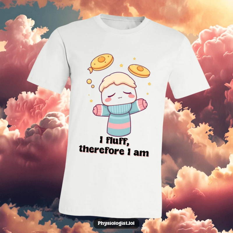 Funny t-shirt with a sleepy sock puppet character joyfully dreaming of a surreal sky filled with flying pancakes, a comfy and hilarious outfit choice.