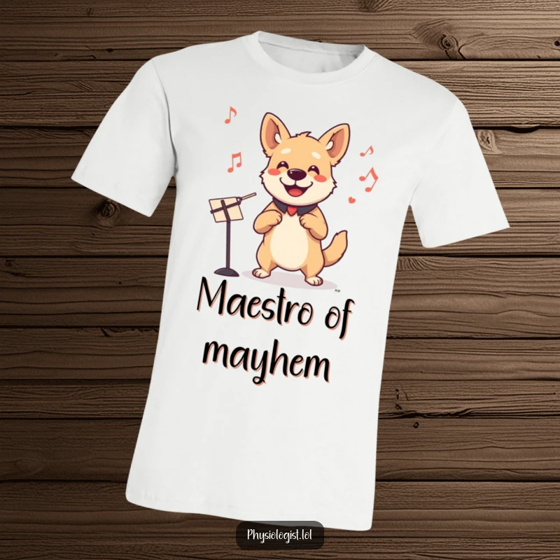 Funny dog conductor t-shirt featuring a smiling dog energetically leading an imaginary orchestra with its paws, full of musical passion.