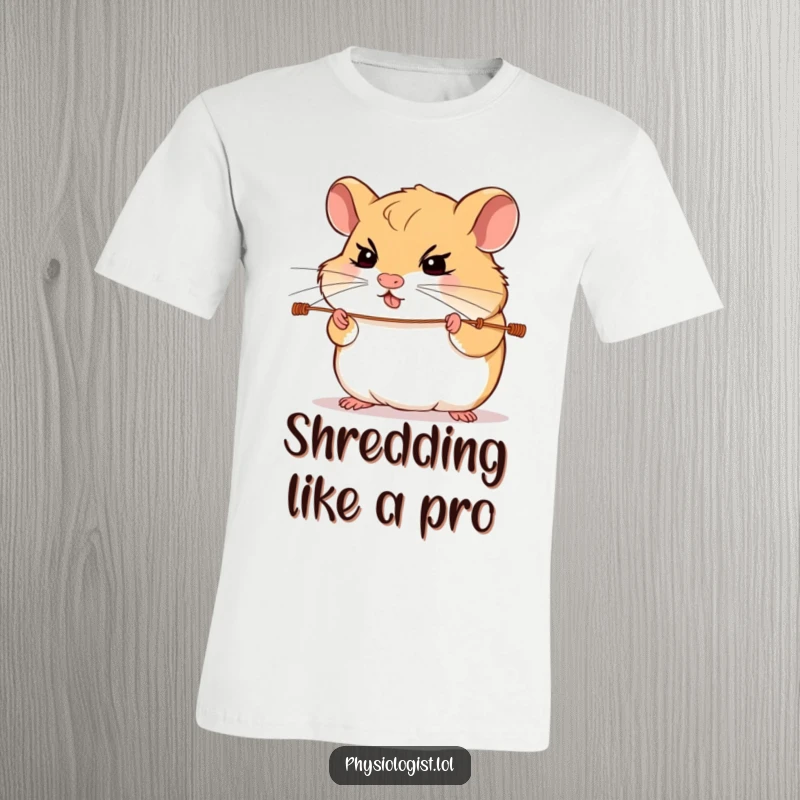 Funny hamster guitar t-shirt depicting a determined hamster intensely focused on playing the strings of a miniature guitar, full of rock energy.