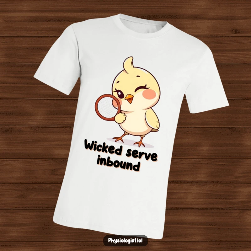 Funny Bird T-Shirt: A playful bird winks knowingly while holding a tennis racquet, embodying sporty fun and humor.