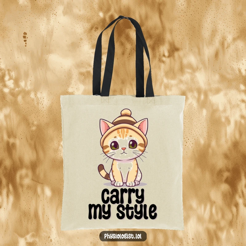 Funny cat with a small, striped hat, carrying essentials. A stylish funny gift for shoppers.