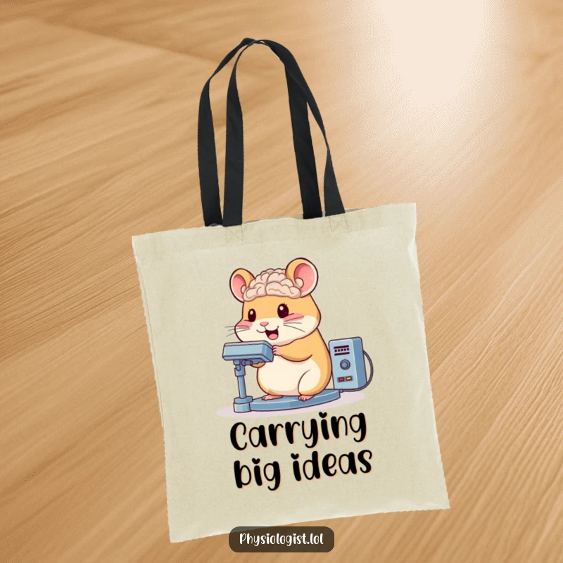 Funny hamster character tote bag bouncing while operating a complex brain scanner, a humorous and practical accessory.