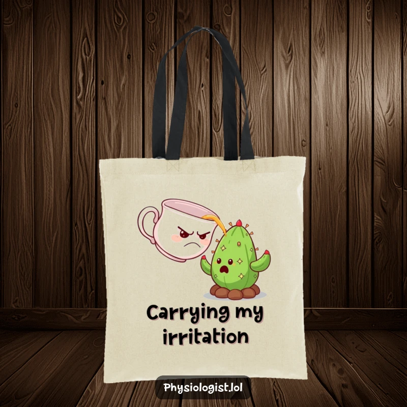 Funny grumpy teacup drenching a surprised cactus, featured on a durable and stylish tote bag.