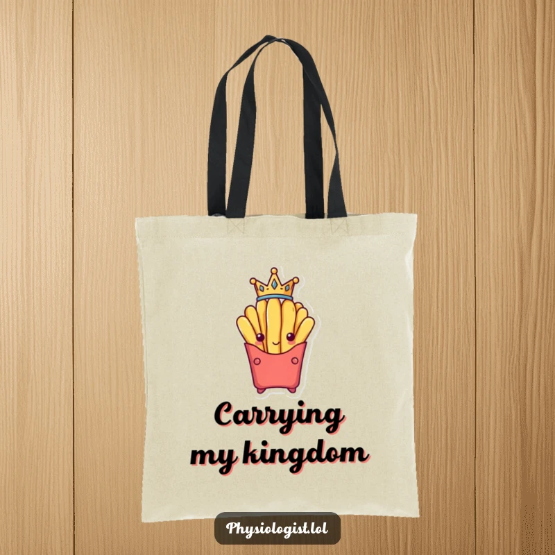 Funny french fry wearing a tiny crown, looking victorious and regal, featured on a durable tote bag.