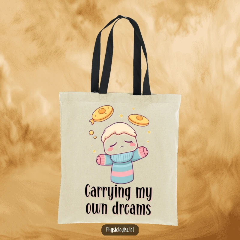 Funny tote bag with a charming sock puppet character dozing off while envisioning a fantastical breakfast scenario with airborne pancakes, great for errands.