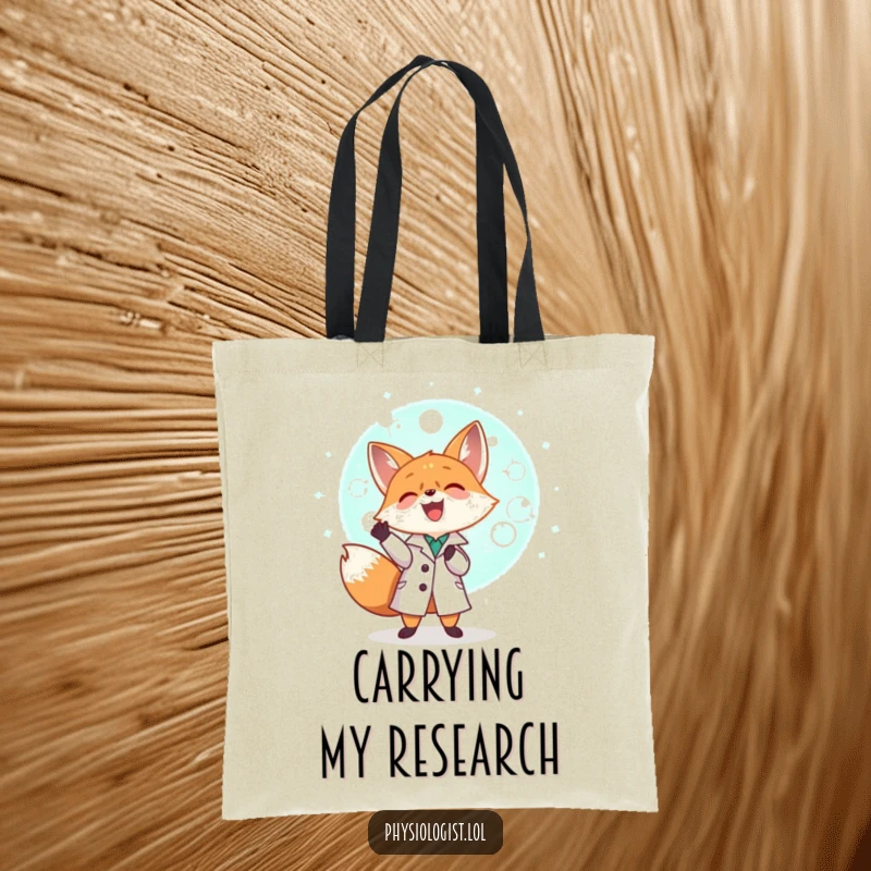 Funny tiny fox in a lab coat examining a giant glowing cell, a cute and humorous tote bag for daily use.