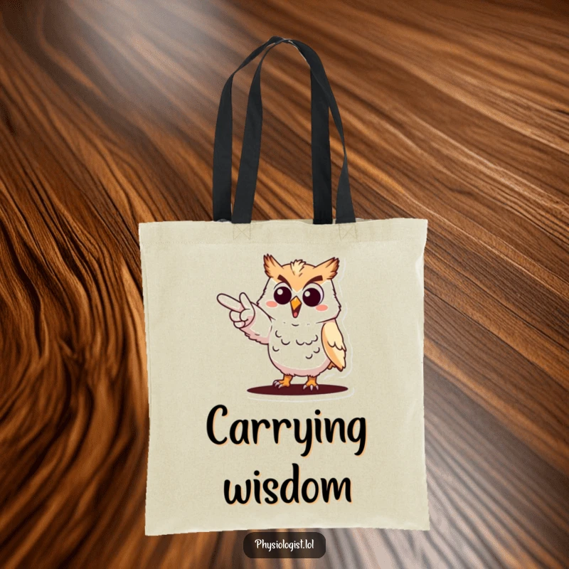 Funny cheerful owl pointing tote bag, an owl dramatically gesturing towards a goal, durable and humorous accessory.