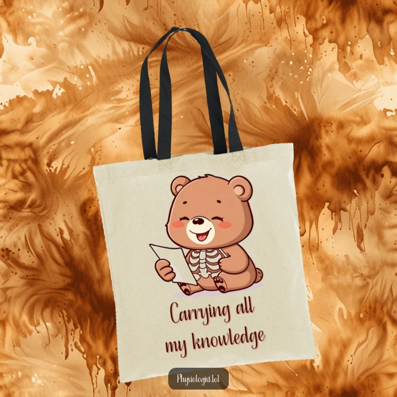 Funny tote bag featuring a happy bear cub inspecting a skeleton anatomy diagram with a curious, humorous expression.
