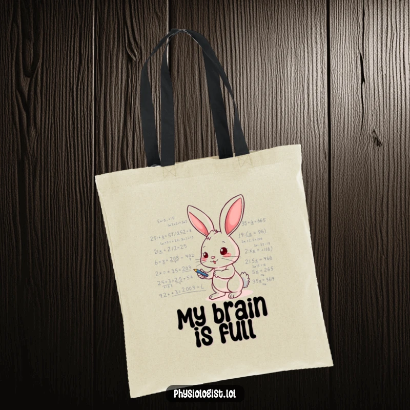 Funny tote bag illustration of an energetic bunny diligently writing mathematical equations and scientific formulas on a whiteboard, perfect for carrying supplies.