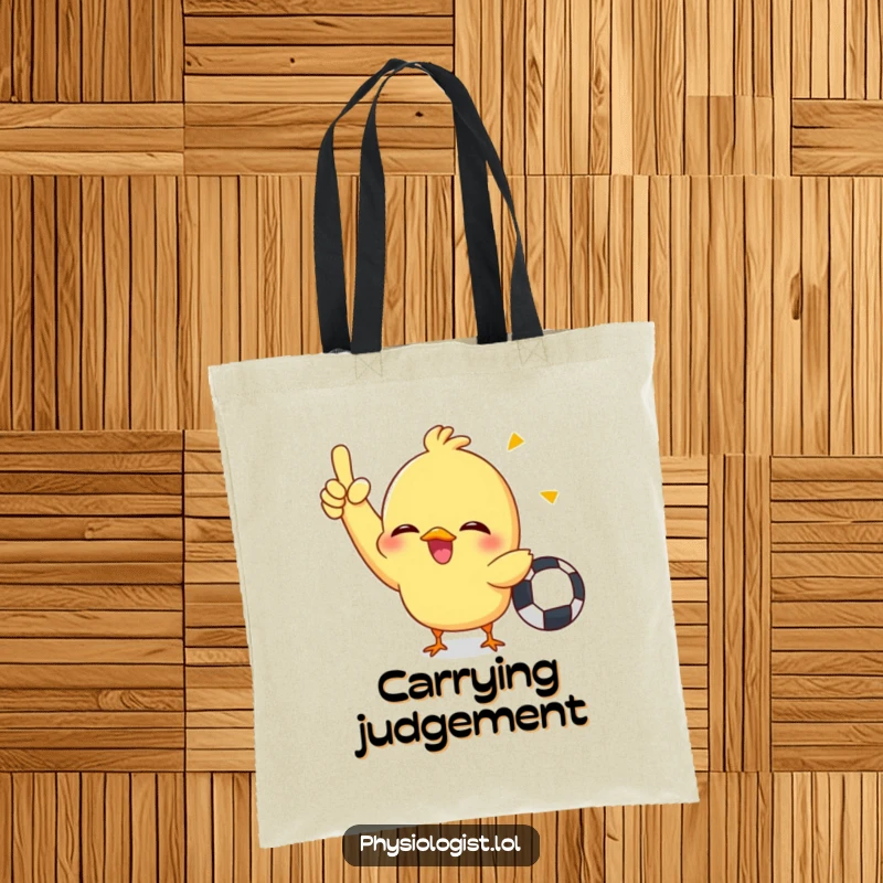 Funny tote bag featuring a giggling chick enthusiastically signaling a penalty, ideal for carrying sports gear with humor.