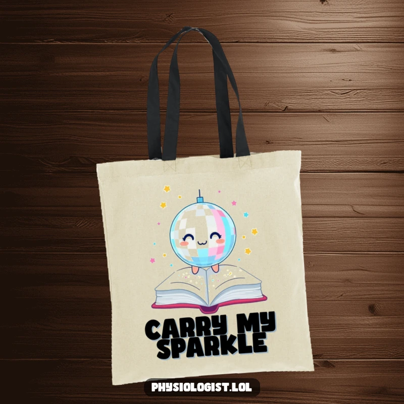 Funny tote bag designed with a disco ball scattering glitter over an open book, celebrating literary adventures with a vibrant and humorous theme.
