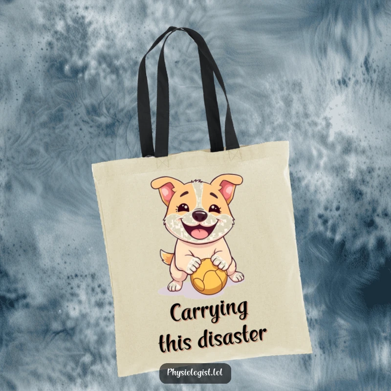 Funny Dog Tote Bag: A durable tote featuring a dog comically slipping on a ball, a humorous and practical accessory.