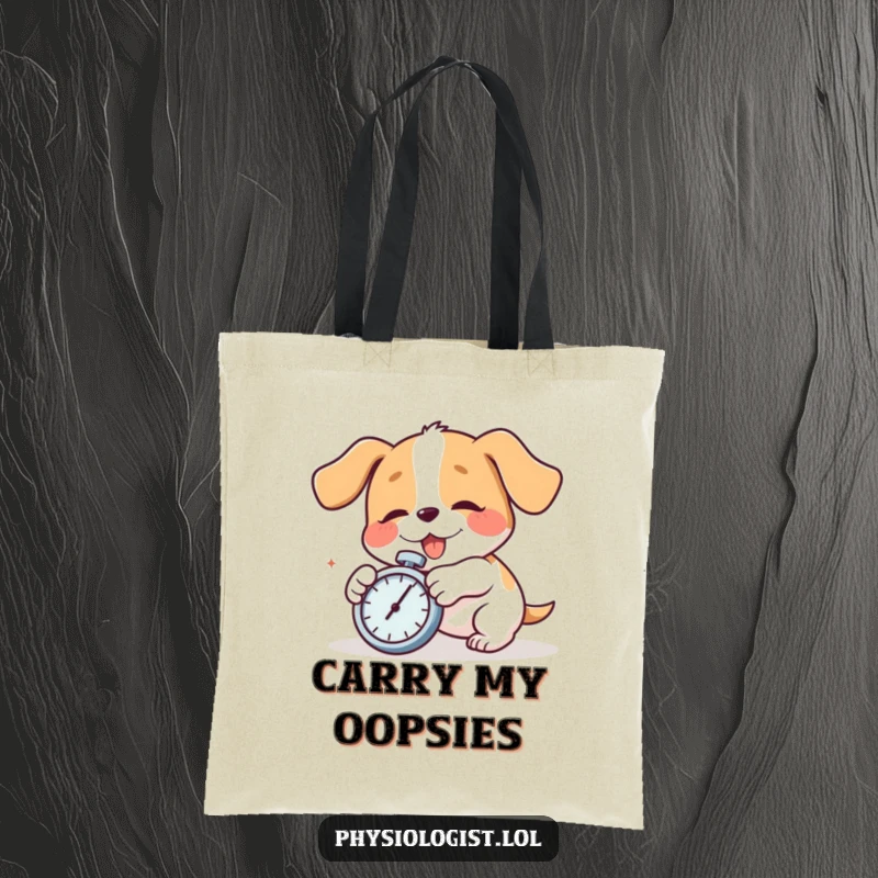 Funny dog comically tripping while clutching a stopwatch, a scene of hilarious mishap. A great funny gift for shoppers.