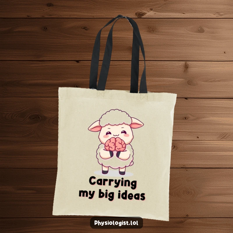 Funny tote bag showcasing a sheep giggling while holding a tiny animated brain, a humorous illustration for everyday use.