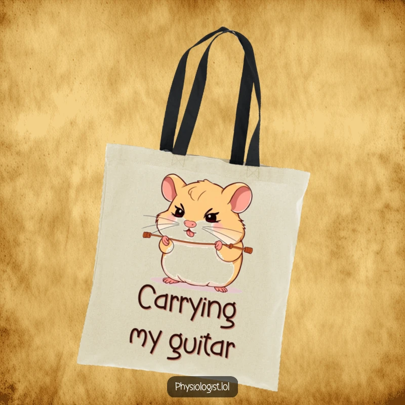 Funny hamster guitar tote bag with a determined hamster intensely focused on playing guitar strings, perfect for carrying daily items.