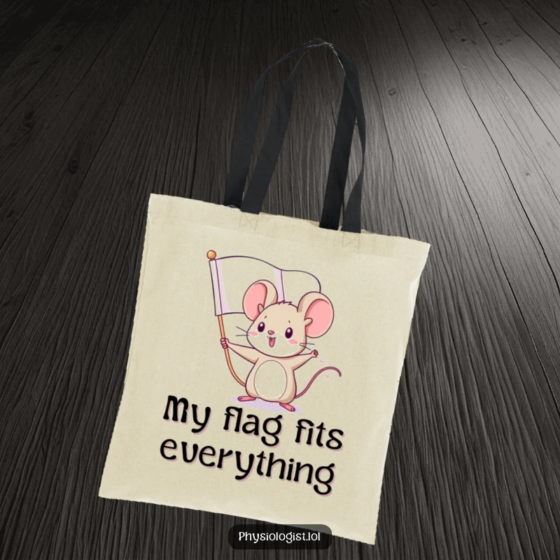 Funny mouse flag tote bag with a tiny mouse hero bravely waving a large flag, practical and inspirational.