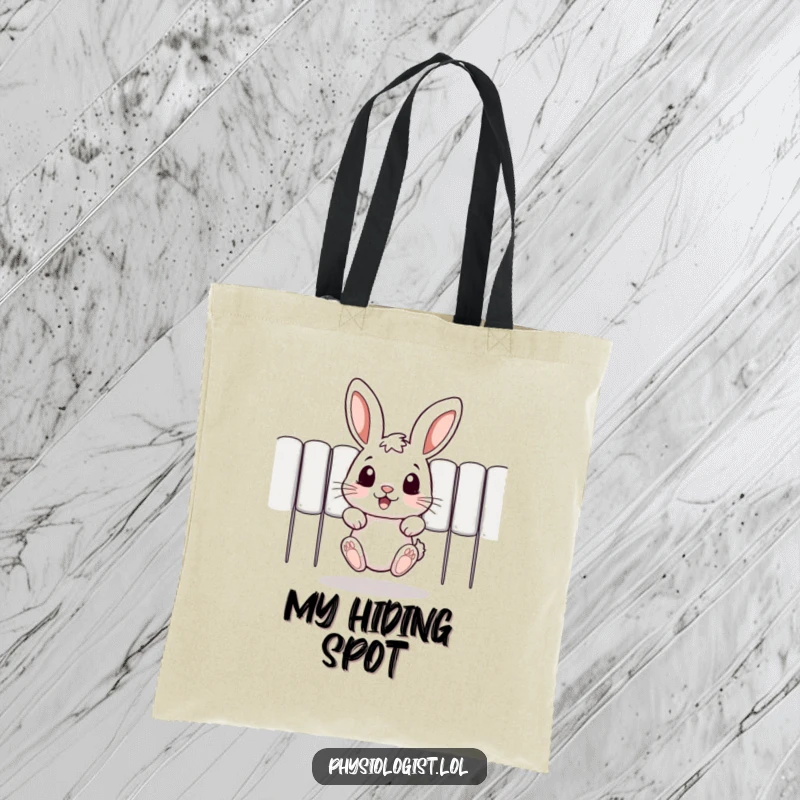 Funny tote bag with a delightful jumping rabbit peeking out from behind a barrier, offering a humorous and practical accessory.